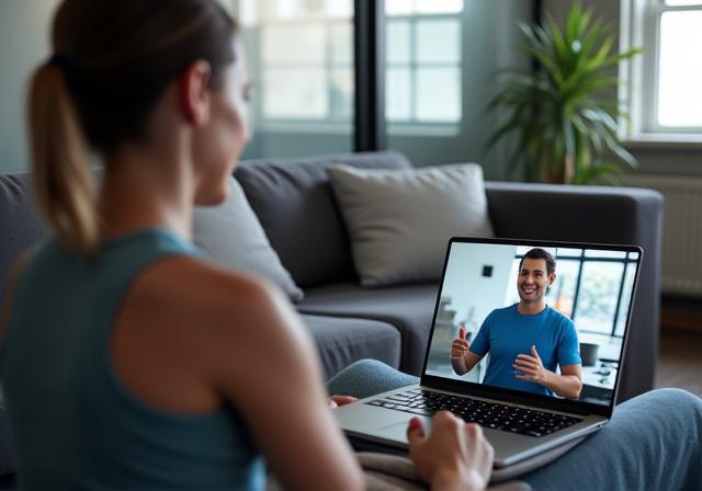 Personne suivant un coaching sportif en visioconférence sur son ordinateur portable